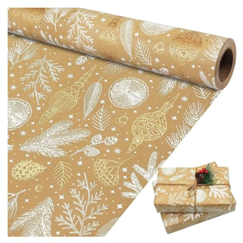 Geschenkpapier Rolle 2 Rollen Weihnachtspapier, braun-goldenes Kraftpapier, Jumbo-Rolle, Geschenkverpackung