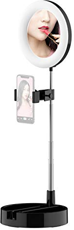Portable LED Ring Light Foldable Desk Circle Lamp with Makeup Mirror Phone Holder 3 Color Modes 10 Brightness Levels for Selfie Video Recording Live Streaming Portrait Photography USB Powered