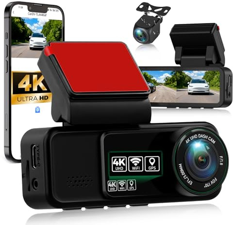 CAMECHO 4K GPS 3.16 Pollici Dashcam 2 Canali Dash Cam Fotocamera Ultra HD 4K + Posteriore 2K, 150 ° + 120 °, ADAS WDR Visione Notturna WiFi APP G Sensore 24H Loop Registrazione Parcheggio Ranger