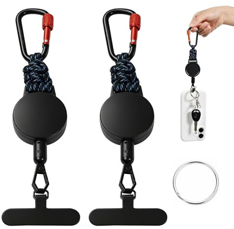 2 Pack Einziehbares Handy-Sicherungsband, Anti-Diebstahl Handy Lanyard und Schlüsselanhänger mit Stahlseil &Metallhaken &360° Metallhalterung für Outdoor wie Wandern, Klettern und Angeln, Schwarz