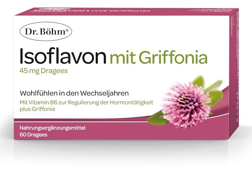 Dr. Böhm Isoflavon mit Griffonia: Für Wohlbefinden und innere Balance während der Wechseljahre, mit Vitamin B6, Soja- und Rotklee-Extrakt, 60 Dragees | Mit Griffonia, Vitamin B6 und Soja- und Rotklee-Extrakt, hormonfrei, laktosefrei, glutenfrei, für Perimenopause und Menopause