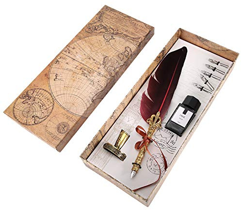 Garosa Feder Stift Quill Antique Dip Feder Schreibfeder Set Edelstahl Nibs Kalligraphie Schreiben Tinte Stift für Kinder Freund Geburtstag Kunst Dekoration Set (Weinrot)