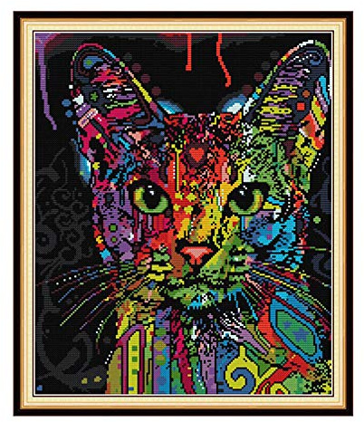 WOWDECOR Kreuzstich-Stickset für Erwachsene und Kinder, bunte Katze, Tiere, 11-fädig, gestempelt, DIY, DMC-Handarbeit, einfache Anfänger