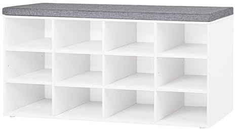 DINZI LVJ Shoe Storage Bench with Cushion, Cubby Shoe Rack with 12 Cubbies, Adjustable Shelves, Multifunctional Shoe Organizer Bench for Entryway, Mudroom, Hallway, Closet and Garage, White