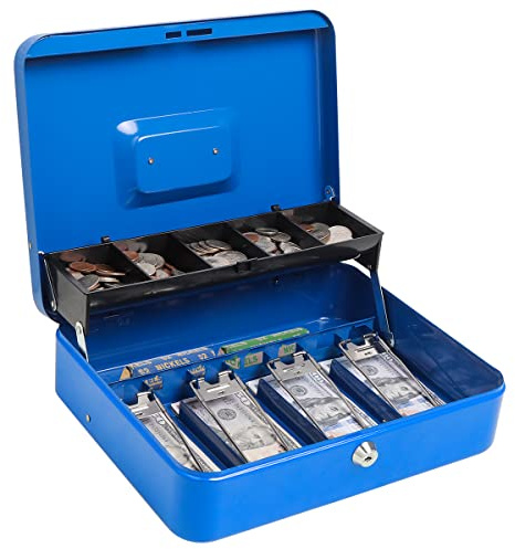 Parrency Cash Box with Key Lock，Durable Metal Cash Box with Money Tray，Lock Box Safe Storage Security Locker，Blue