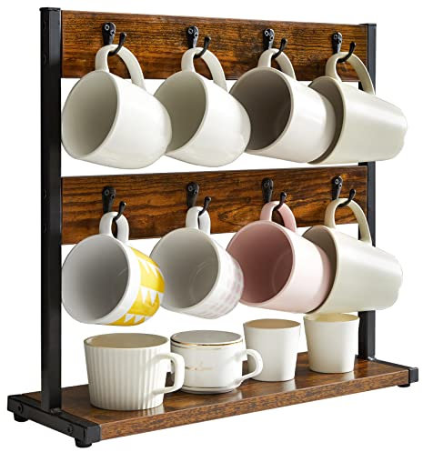 IBUYKE Wood Coffee Mug Holder for Countertop,16 Hook Mug Tree Holder Rack with Storage Base,Mug Display Organizer,Mug Holders for Home Kitchen, Rustic Brown TBJ001H
