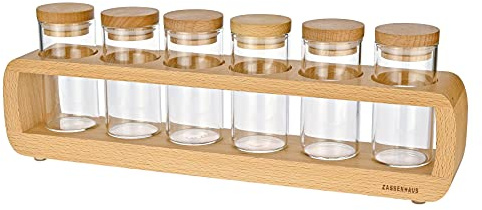 Zassenhaus Gewürzregal mit 6 Gewürzgläsern, rutschfeste Füße, Buche | Küchenregal aus Buchenholz, Glasgewürzbehälter, dicht schließende Deckel, aromaschützend, offene Bauweise