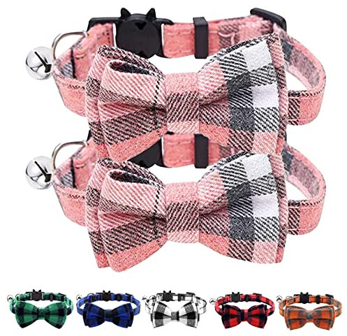 Uiopa 2 Stück Katzenhalsband mit Sicherheitsverschluss, Katzen Halsband Hund Welpenhalsband mit Glöckchen und Schleife, Karomustern Hundehalsband für Kleine Hunde und Katze (Rosa und Grau)