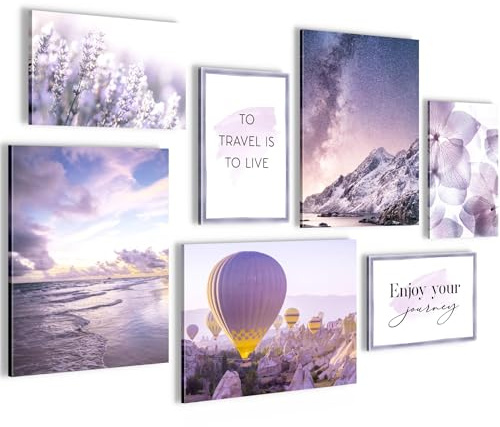 Novart Wandbilder Natur Blumen - KOMPLETT AUFHÄNGFERTIG - Violett Lila Wohnzimmer Schlafzimmer - 7 Moderne Mood-Bilder - N006471a