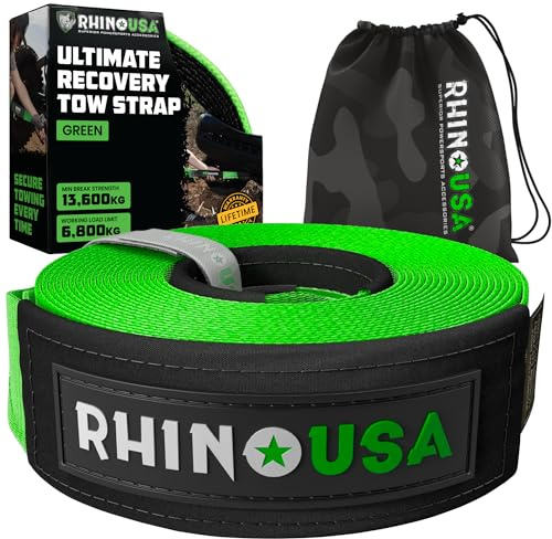 Rhino USA Abschleppgurt (7,6cm x 9,1m) - 13.600kg Schwerlast Abschleppseil | 13.600kg Bruchfestigkeit, Notfall Bergegurt für LKW, PKW, UTV, ATV & Jeep. Schwerlast Abschleppseil Offroad. Grün