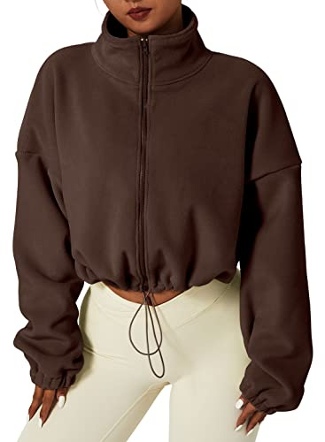 QINSEN Women's Short Fleece Jacket Full Zip Polar Fleece Crop Outwear Winter Warm Stand Collar Coat Caramel Coffee M
