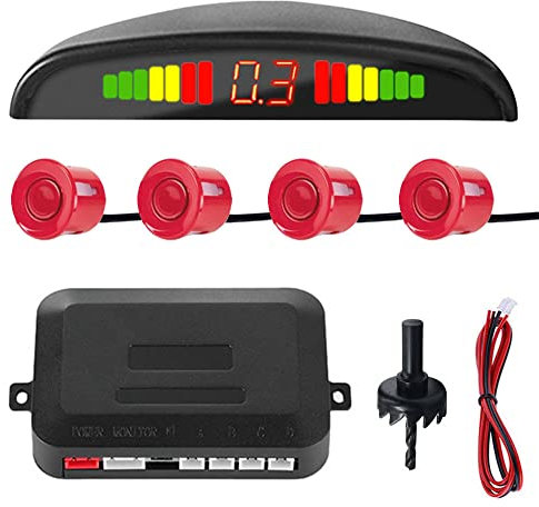 MOCNT Auto Einparkhilfe 4 Hinten Sensoren Rückfahrhilfe Kfz Rückfahrwarner Einparksystem Parksensoren Rückwärtsparkhilfe 12V LCD Display Buzzer Alarm Warnung Rot