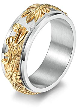Beydodo Edelstahl Ringe Herren, Männer Ring Drachen Ring Spinner 8MM Partner Ring Personalisiert Silber Gold