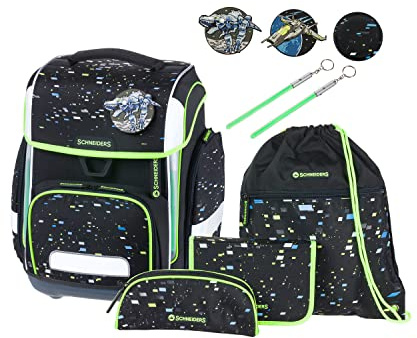 Schneiders 78361-080 - Schulranzen Ergolite Galaxy, 9-teiliges Set mit Schultasche, Federmäppchen, Schlamper, Sportbeutel, 3 Klett-Motiven und 2 Leuchtstäben