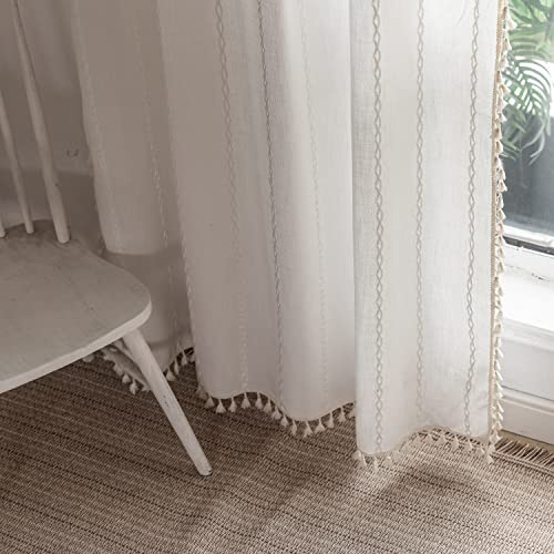 BCLBUSTE Boho Curtains - Embroidery Linen and Cotton 63 Inch Length 2 Pannels for Living Room, Cream Off White Light Filtering Farmhouse Curtains with Rod Pocket Draperies 52 W x 63 L
