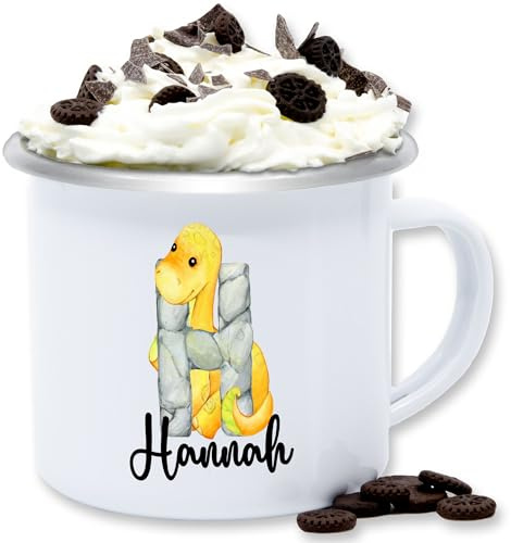 Emaille Tasse Blechtasse - Name - Dino Dinos Dinosaurier Anfangsbuchstabe - 300 ml - Weiß Silber - namensbecher buchstaben kinder tassen personalisierte initialen becher anpassbare buchstabe