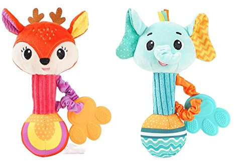Greifling zum Rasseln-Baby Spielzeug, 2 Pack Cartoon Tier Rassel mit Klingel Glocke, Pädagogisches Plüsch-Babyspielzeug passend für Jungen und Mädchen im Alter von 0+Monaten (Hirsch+Elefant)