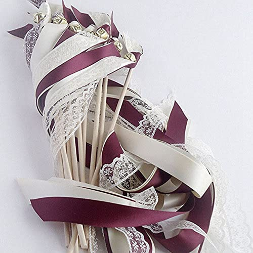 Wedding Wands mit Band Glocken Feenstäbe Ribbon Wedding Ribbon Stick Hochzeit Luftschlangen Spitzenfeenstab Seidenfeenstab für Hochzeit, Weihnachten, Geburtstag, Party