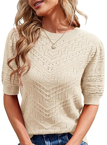 Runcati Damer kortärmad stickad tröja ledig rund hals puffärmar elegant enfärgad tröja tröja tröja, Beige, S