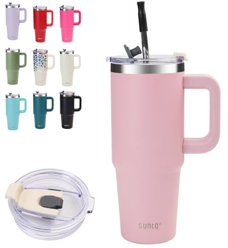 SUNTQ 30oz Mug Isotherme avec Paille et Poigné - Gobelet Paille de Bureau et Voiture en Acier inoxydable, Élégant et Durable - Gobelet Isotherme pour les boissons chaudes et froides(Rose)