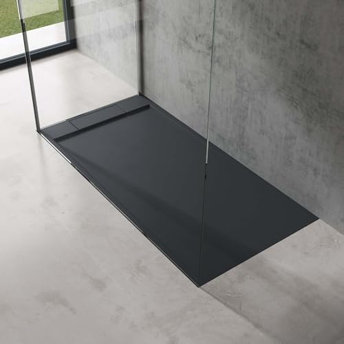 doporro Duschtasse Duschwanne 80x160x4 flach Mineralguss in Anthrazit | Flache Duschwanne für bodenebene Montage mit DIN-Anschlüssen – stabil & pflegeleicht für moderne Duschen Geoma04