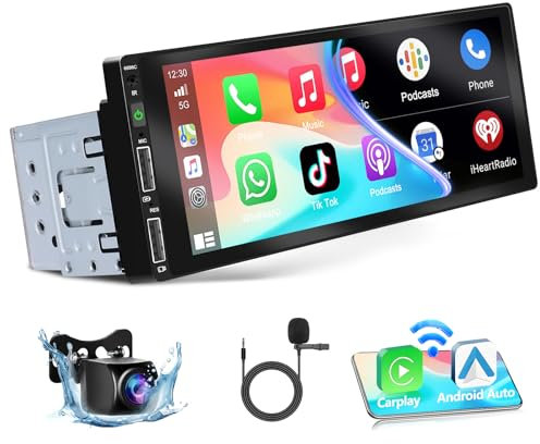 Podofo Autoradio 1 Din mit Wireless Apple CarPlay, Bluetooth, Android Auto, mit 6.86 Zoll Bildschirm Autoradio Display Unterstützt FM Spiegelverbindung, Rückfahrkamera und Mikrofon