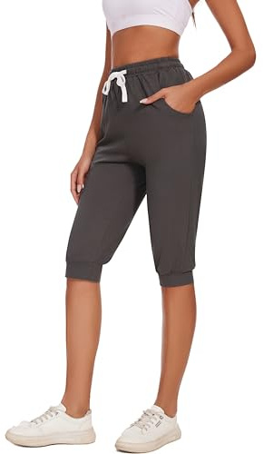 Ietaoo Pantalones de chándal para mujer, pantalones deportivos 3/4, de verano, algodón, pantalones capri, pantalones de deporte, fitness, yoga, pantalones con bolsillo, gris claro, XL