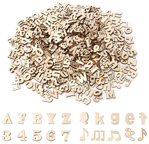 Rebanky 404 Stück Holzbuchstaben Klein, Holzzahlen und Musiknoten Deko Holz | 15mm, mit Holz Notenschlüssel Deko, Nummern 0-9 Groß-und Kleinbuchstaben, Buchstaben Holz zum Basteln, Musik Party, Hochzeit