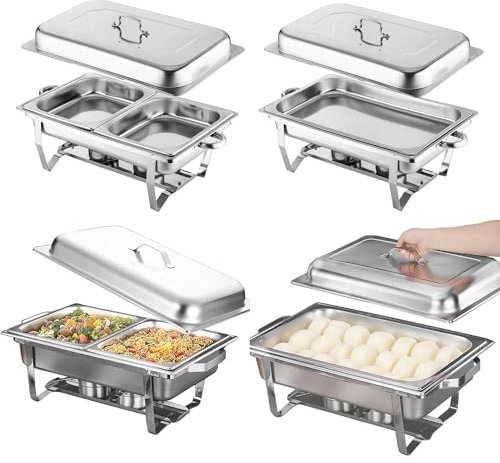 Edelstahl Chafing Dish Buffet Set,4 Pack Food Warmer Trays w/Wasser Pan Deckel Fuel Holder für Event Party Dinners,Foldable Frame Legs Complete Chafers Set Mit 2 F(Size:2 Full + 4 Half,Color:Polieren)