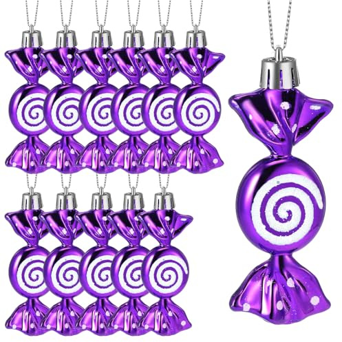 Threan 12 Weihnachtsbaum Süßigkeiten Christbaumschmuck Bonbon Glitzernde Hängende Weihnachtliche Süßigkeiten Ornamente Zuckerstangen Deko mit Goldenen Seilen(Lila,Plastik)