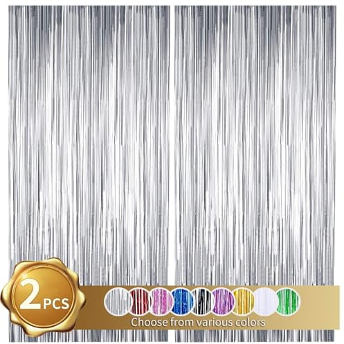 RIBBOOO 2-Pack Silber Lametta Vorhang Glitter Metallic Tinsel Vorhang für Party, Abschlussfeier, Foto Hintergrund, Folie Streamer, Geburtstagsdeko，Dekoration für Disco, Weihnachtsfeier (1x2 Meter)