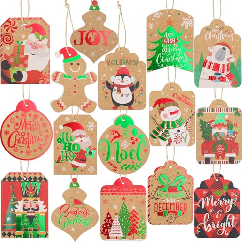 Geschenkanhänger Weihnachten-96 Stück Weihnachten Kraftpapier Geschenk Etiketten, Christmas Tags, Anhänger Weihnachten mit Schnur, Namensschilder für Weihnachts Geschenk Label Präsentieren Dekoration