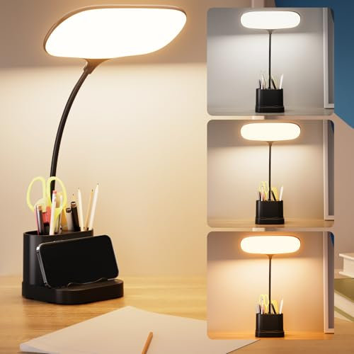 brightower Schreibtischlampe Kinder, Touch LED Schreibtischleuchte mit Stifthalter, 3 Farben&Stufenloses Dimmen,Schwanenhals Leselicht mit USB-Anschluss, für Büro, Schlafzimmer, Wohnzimmer (Schwarz)