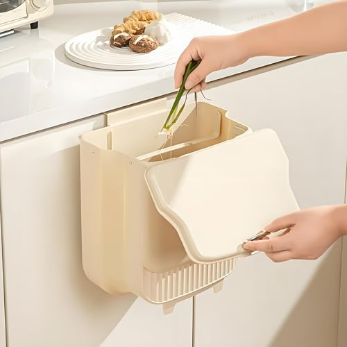KEAIDUO 10L Hanging Kitchen Bin with Lid - Foldable Cabinet Door Trash Can for Under Sink, Wall Mounted Compost Caddy - Space Saving Collapsible Waste Bin (Beige)