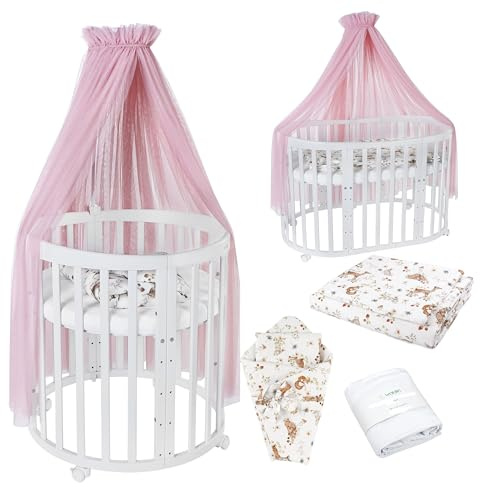 waldin Babybett Oval 7in1, Matratze, Rollen, Regal, Weiß | Rosa Tiere, Mitwachsend, Beistellbett aus Holz, Wiege optional