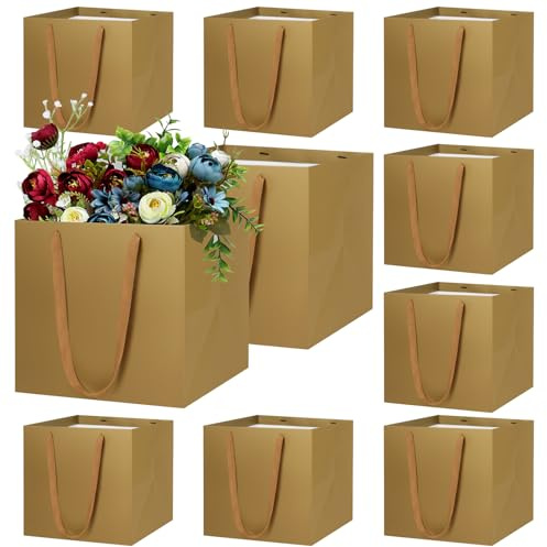 LVNRIDS 10 pezzi Sacchetti Regalo Oro, Sacchetti Regalo Quadrati 20 x 20 x 20 cm con Manici per Bouquet Compleanno San Valentino, Natale, Festa di Nozze