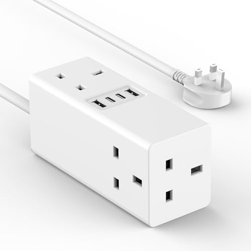 AMOI Extension Lead With USB Slots, USB Extension Cable,Tower Extension Lead, 5 Way Plug Adapter with USB,1.5m extension lead surge protected extension lead with 4 USB Ports (5V/3.4A)