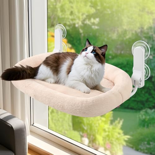 GUUSII HOME Hamaca Gato Ventana con Ventosas Fuertes Cama Colgante para Gatos Amaca Camita Interior Grande Instalación Fácil sin Perforaciones Funda Suave y Lavable Soporta hasta 18kg (Champán)