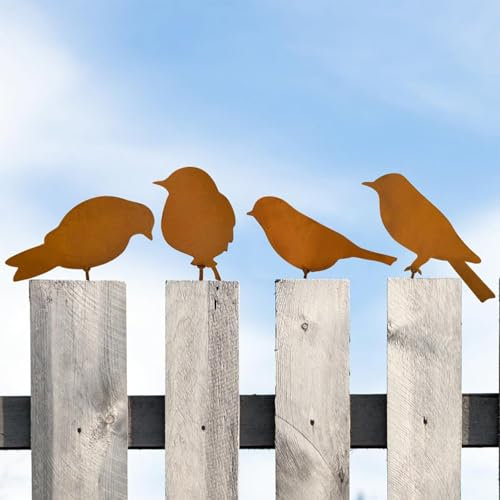 ltoSrfnb 4 Stück Rost Vogel Gartendeko Gartenstecker Roststecker, Metall Vogel Baumstecker Für Holz Zaunfiguren Gartendeko, für Gartendekoration Frühling Bäume Deko, Bird Baumstecker mit Schraube