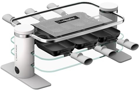 LAGRANGE Appareil à raclette 6 personnes, 750 W, Plateaux verre, plateau supérieur démontable pour nettoyage simplifié, Repose poêlons intégré, Design épuré, Bouton marche/arrêt, 079601