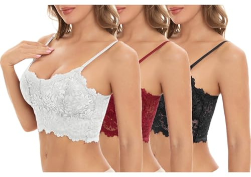 UHouse Lot de 3 Soutien Gorge Dentelle Brassiere Push Up Femme Sexy Brassière sans Armature Bustier Minimiseur Bralette Rembourré Bra Crop Top Lingerie Rouge Noir Blanc XL