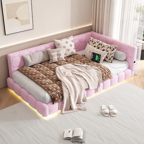RIAZOS Polsterbett 90x200 mit LED und USB-Anschluss, Bettgestell mit Lattenrost, Tagesbett Schlafsofa Bett Bettsofa Gästebett Jugendbett Einzelbett, ohne Matratze, Rosa