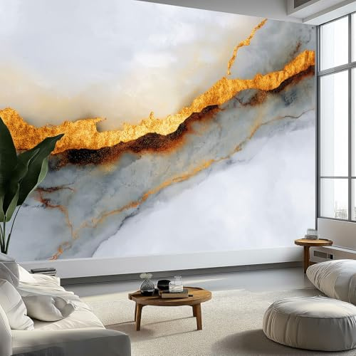 Fototapete Marmor Goldene Streifen Tapete 250 x 175 cm (B x H), Moderner Stil Tapeten Vliestapete, Modern Wandtapete Wohnzimmer Schlafzimmer Kinderzimmer Wanddeko Motivtapeten Fototapete