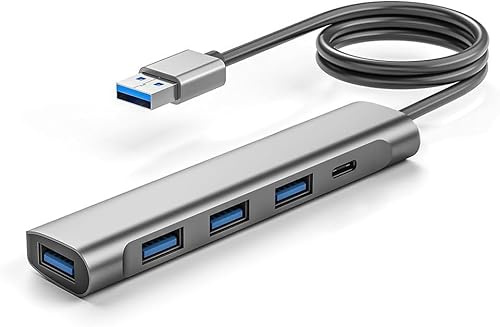 USB-Hub 3.0, ultraschlanker USB-A-Adapter mit 5 Anschlüssen, Multiport-Splitter mit Stromversorgung Typ C, Verlängerungskabel für Tastatur, Maus, Festplatte, kompatibel mit Laptop, PC, XPS, Surface 2m