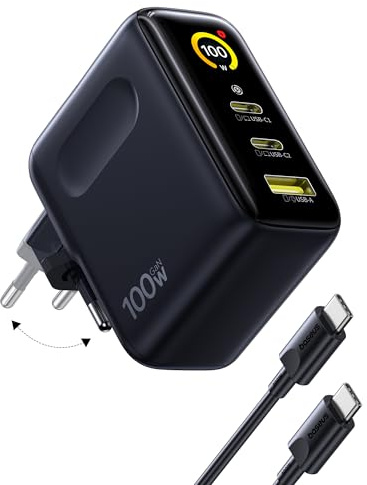Baseus Picogo Cargador USB C de 100 W, Smart Display & Touch Control, 3 en 1 Potencia de Carga Rápida, Fuente de alimentación GaN avanzada, compatible con MacBook, iPhone 17/16/15/14, Samsung, Pixel y