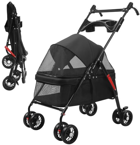 Hundebuggy bis 15 kg klappbar, Leichtgewicht Hundewagen mit Rollen und Getränkehaltern, Katzenwagen, Hunde Buggy für mittelkleine Haustiere (49 x 75 x 94 cm) (Schwarz 2)