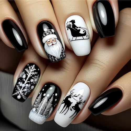 BelleFlair 24 Stück Press on Nails Weihnachten Lang Sarg, Schwarze Glänzende Künstliche Fingernägel mit Weihnachtsmann Schneeflocke Elch Design, Weihnachtsnägel zum Aufkleben für DIY Nail Art.
