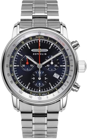 Zeppelin 8888MB-3 Herren Chronograph – Edelstahlgehäuse Silberfarben, Blaues Zifferblatt