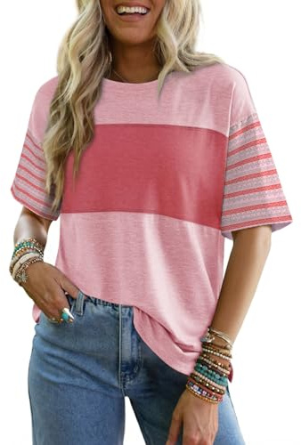 Dokotoo Valentines Outfits Shirts Summer Tops for Women Trendy Fashion Tops | Fall Outfits,Short Sleeve,Crewneck,Color Block,Business Casual,Boho Vacation Outfits,Teacher Work Tops,Fashion Clothing