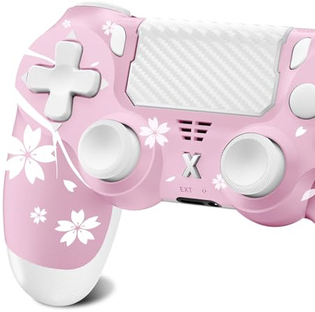 Suoxiom Wireless Controller for PS-4, Game Controller for PS-4/Slim/Pro/PC, Bluetooth Gamepad Joystick with Vibration Touch Panel, Upgraded Six-Axis Sensor, 3.5mm Audio Jack (Pink Flower)
